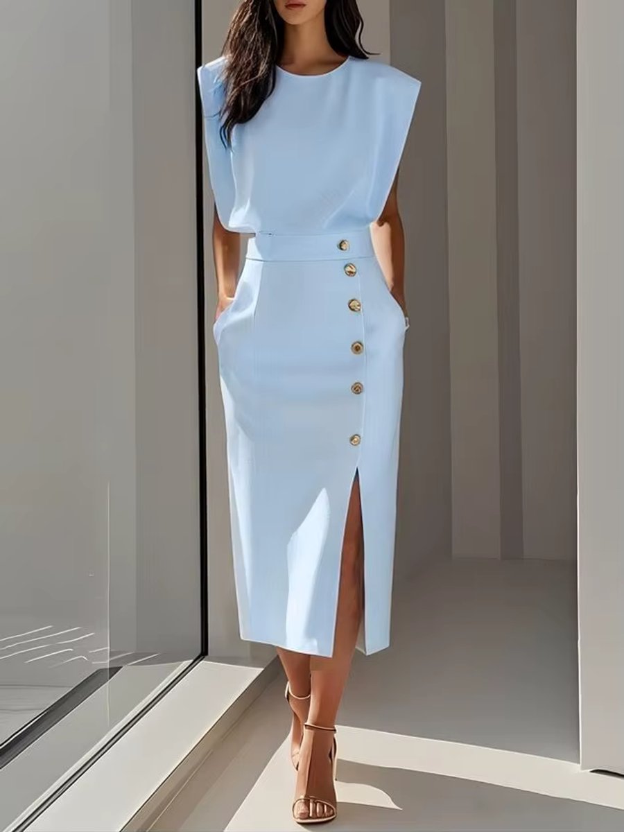 Women's Everyday Midi Dress Shoulder-Pad High-Waist Button-Front Slit
