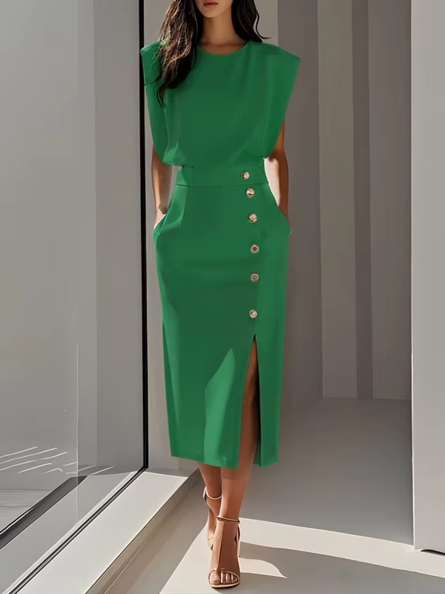 Women's Everyday Midi Dress Shoulder-Pad High-Waist Button-Front Slit