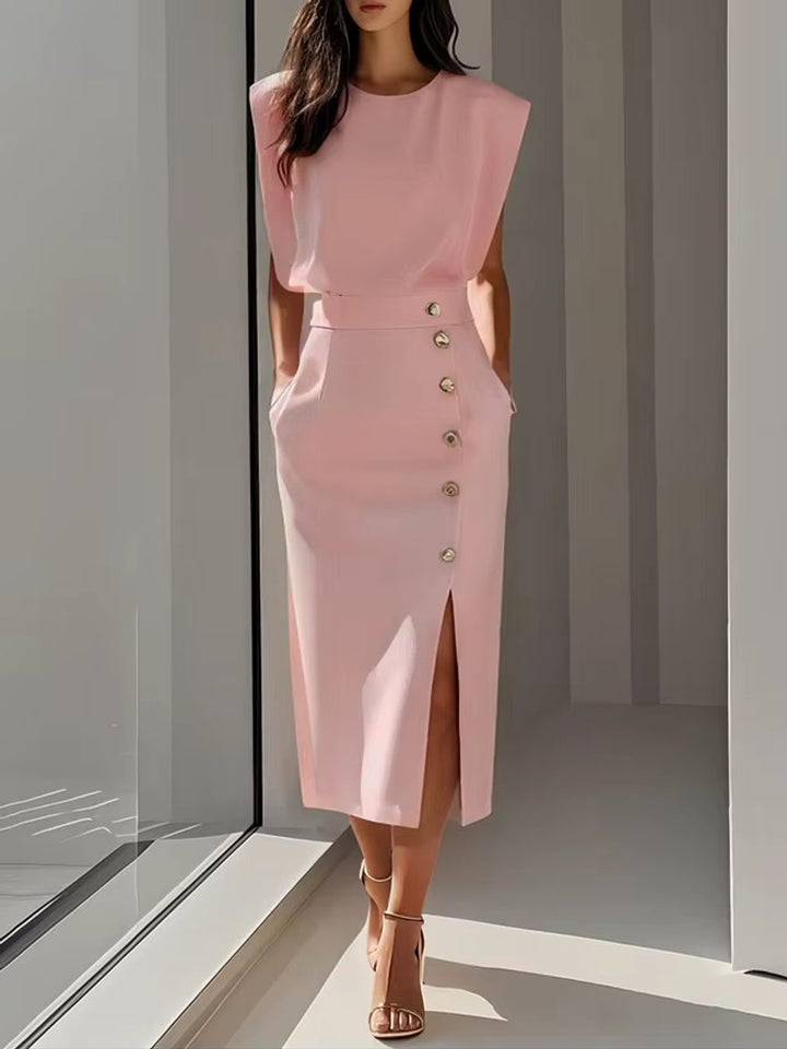 Women's Everyday Midi Dress Shoulder-Pad High-Waist Button-Front Slit