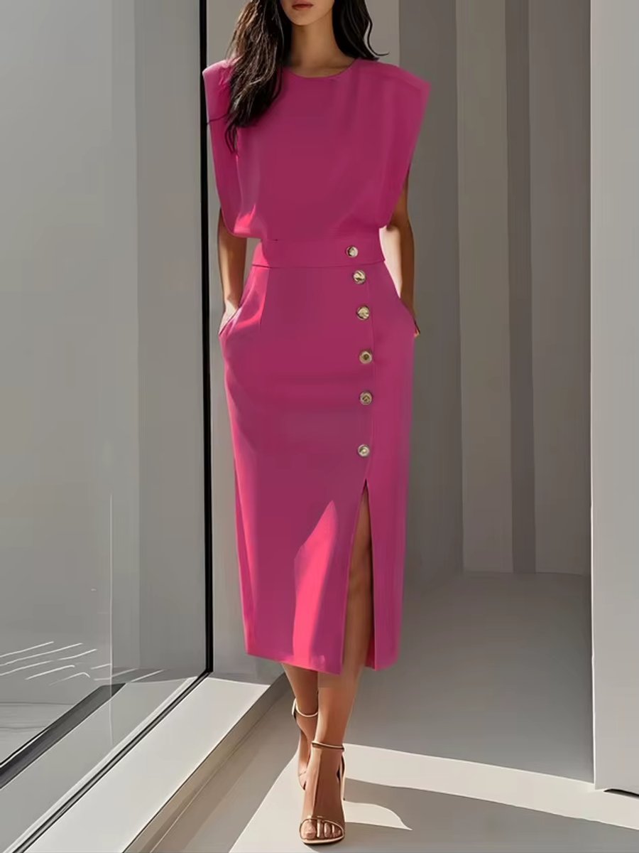 Women's Everyday Midi Dress Shoulder-Pad High-Waist Button-Front Slit