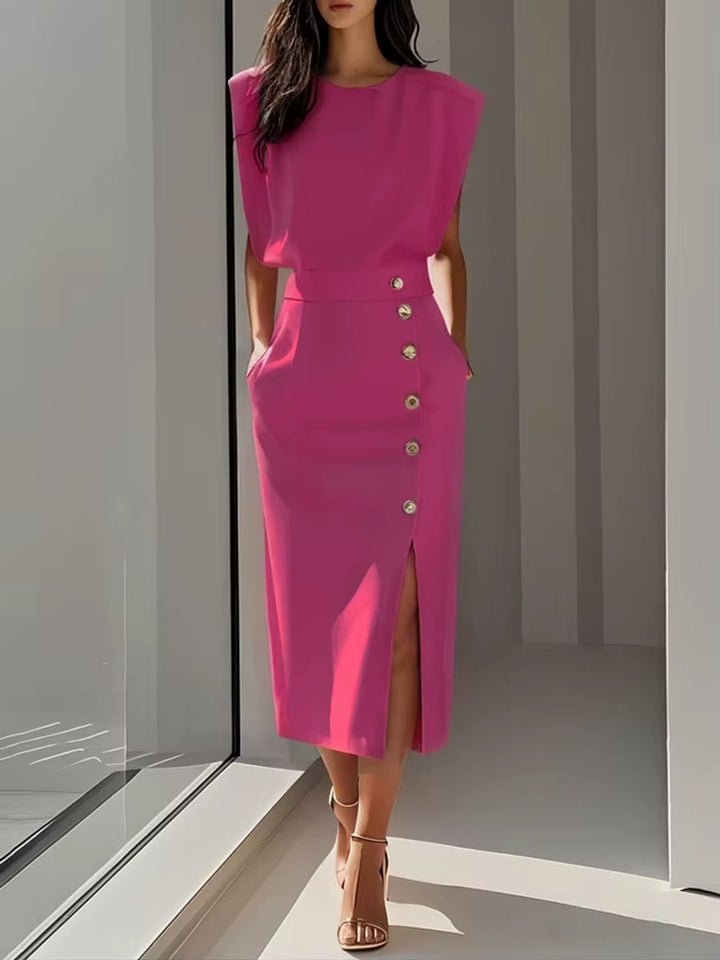 Women's Everyday Midi Dress Shoulder-Pad High-Waist Button-Front Slit