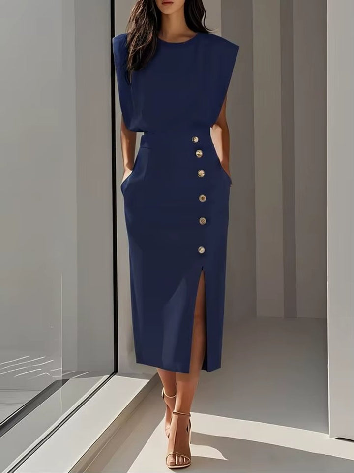 Women's Everyday Midi Dress Shoulder-Pad High-Waist Button-Front Slit