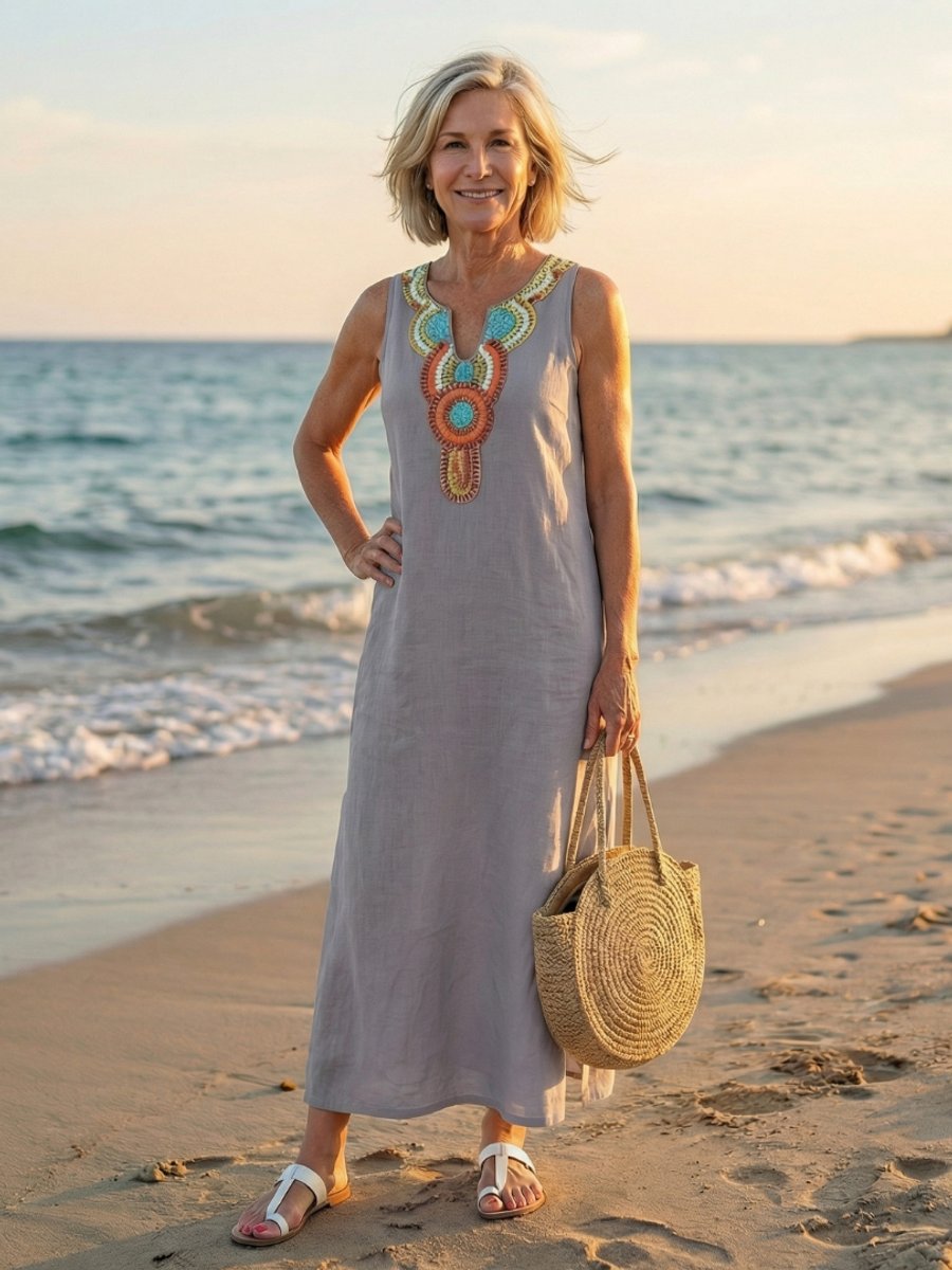 Women's Everyday Midi Dress Sleeveless Embroidered Neckline Linen