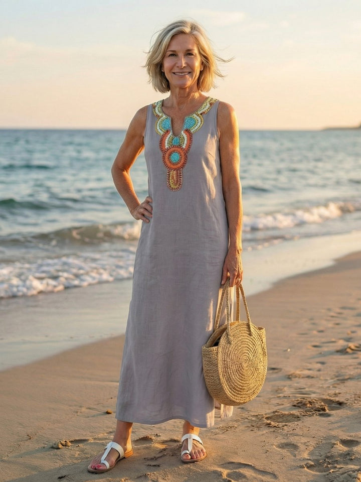 Women's Everyday Midi Dress Sleeveless Embroidered Neckline Linen
