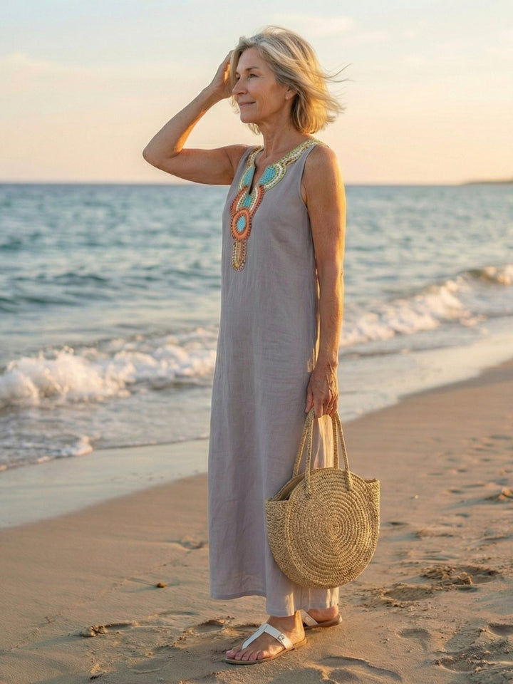 Women's Everyday Midi Dress Sleeveless Embroidered Neckline Linen
