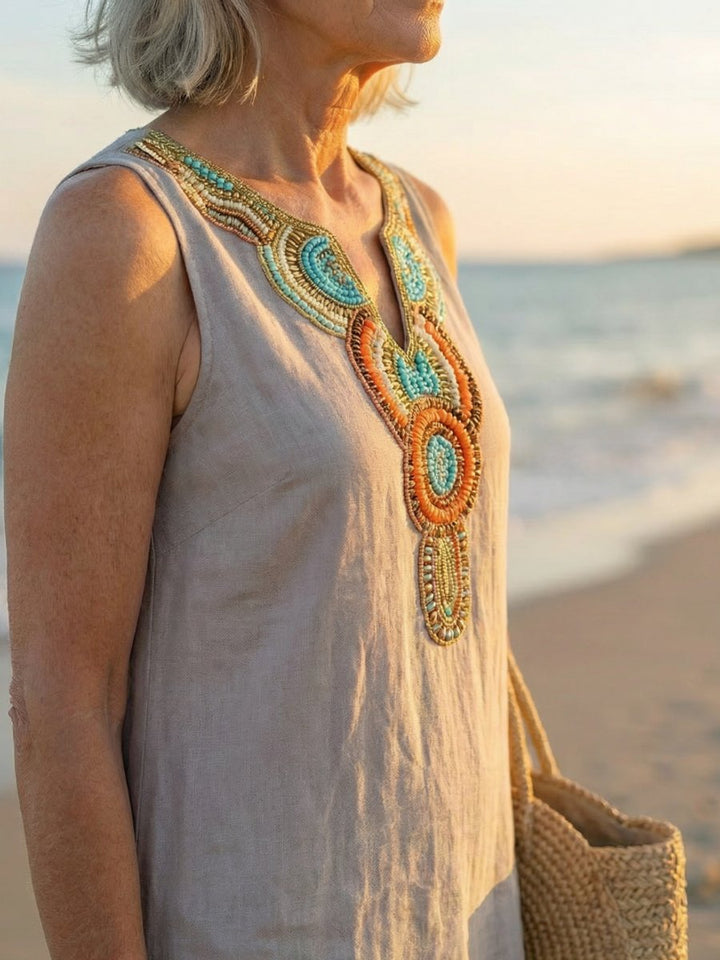 Women's Everyday Midi Dress Sleeveless Embroidered Neckline Linen