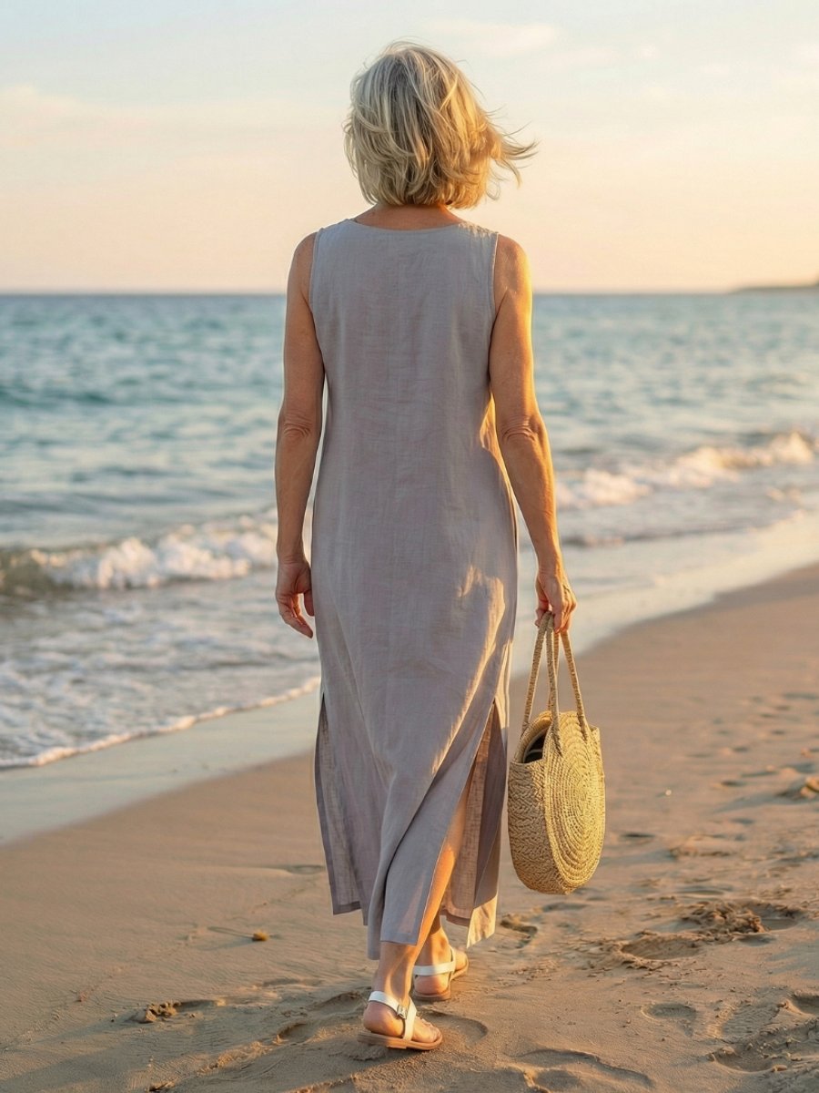 Women's Everyday Midi Dress Sleeveless Embroidered Neckline Linen