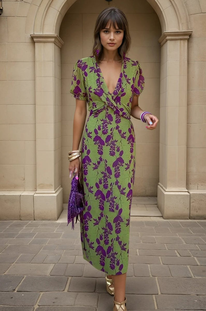 Women's Everyday Midi Party Dress Crossover V-Neck Puff Sleeve