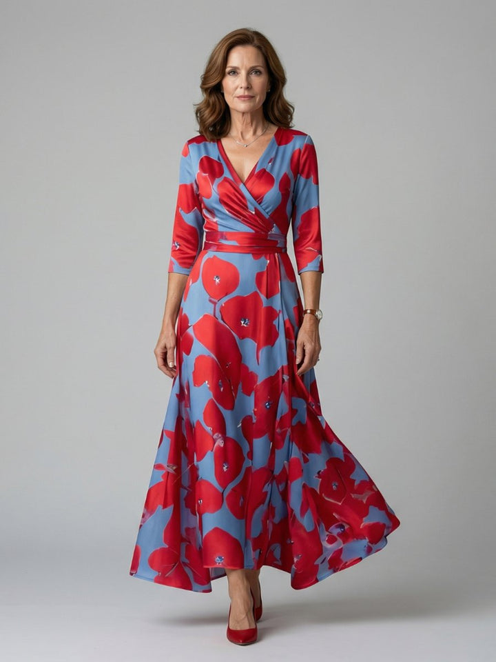 Women's Everyday Party Dress Floral Wrap V-Neck Three-Quarter Sleeve Midi