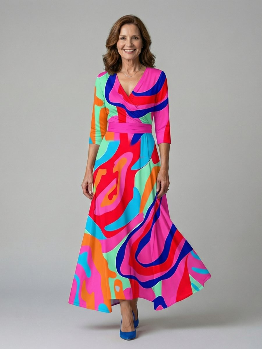 Women's Everyday Party Dress Floral Wrap V-Neck Three-Quarter Sleeve Midi