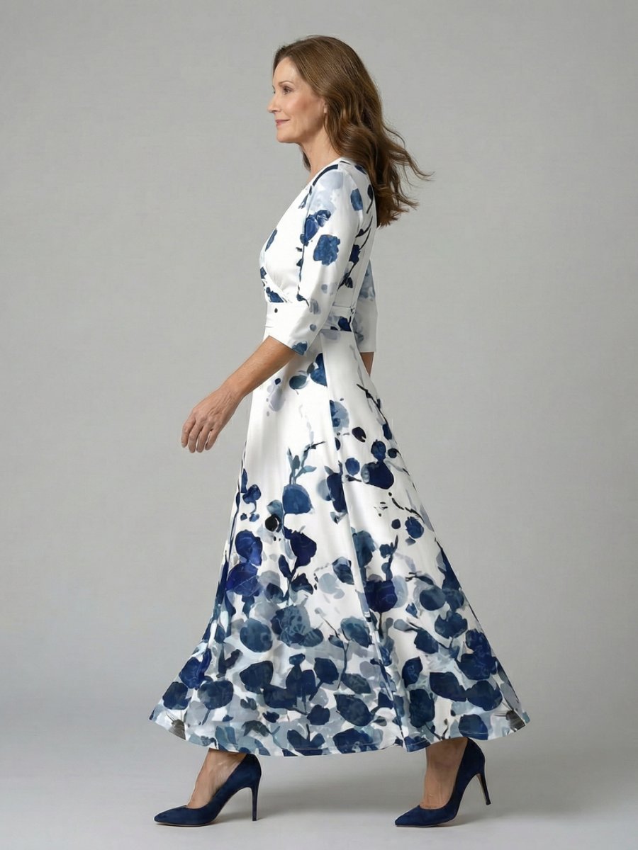 Women's Everyday Party Dress Floral Wrap V-Neck Three-Quarter Sleeve Midi