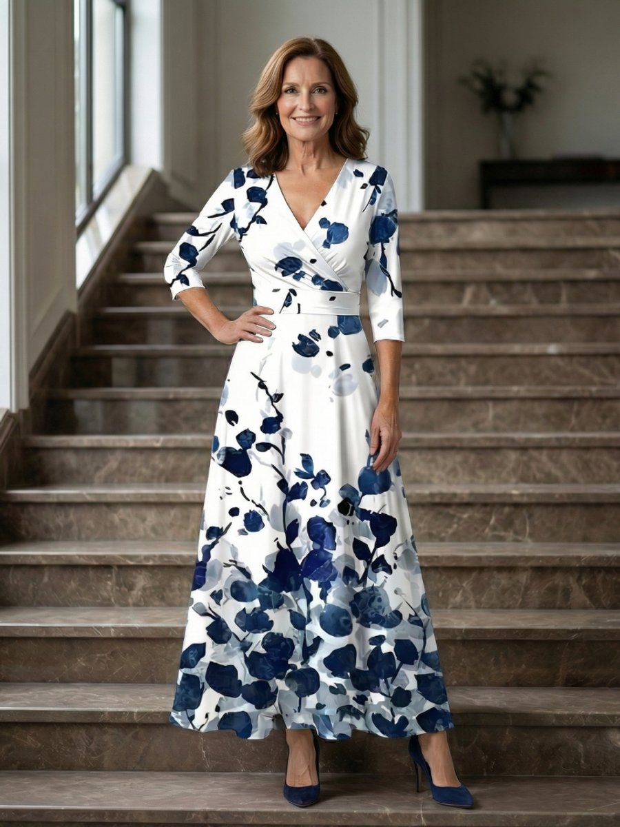Women's Everyday Party Dress Floral Wrap V-Neck Three-Quarter Sleeve Midi