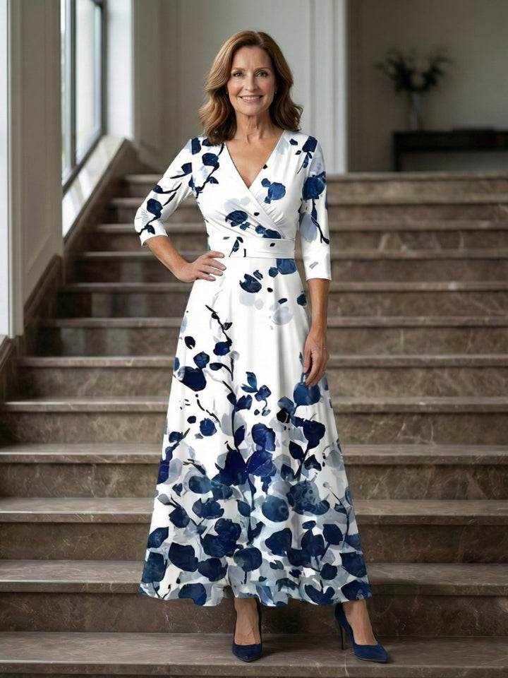 Women's Everyday Party Dress Floral Wrap V-Neck Three-Quarter Sleeve Midi