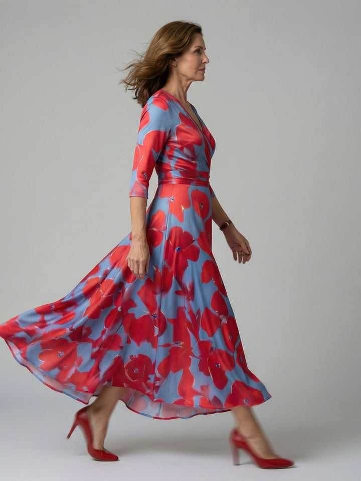 Women's Everyday Party Dress Floral Wrap V-Neck Three-Quarter Sleeve Midi