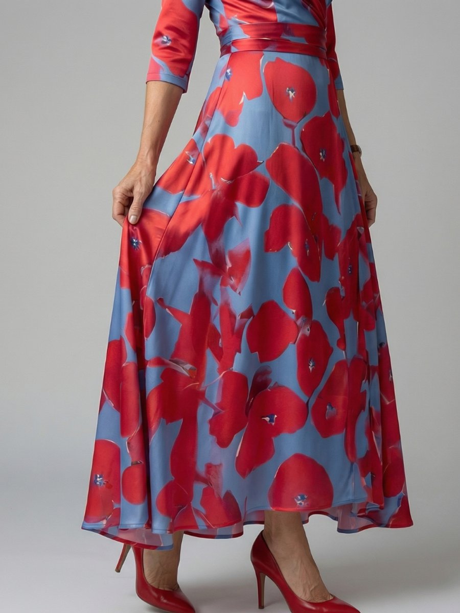 Women's Everyday Party Dress Floral Wrap V-Neck Three-Quarter Sleeve Midi