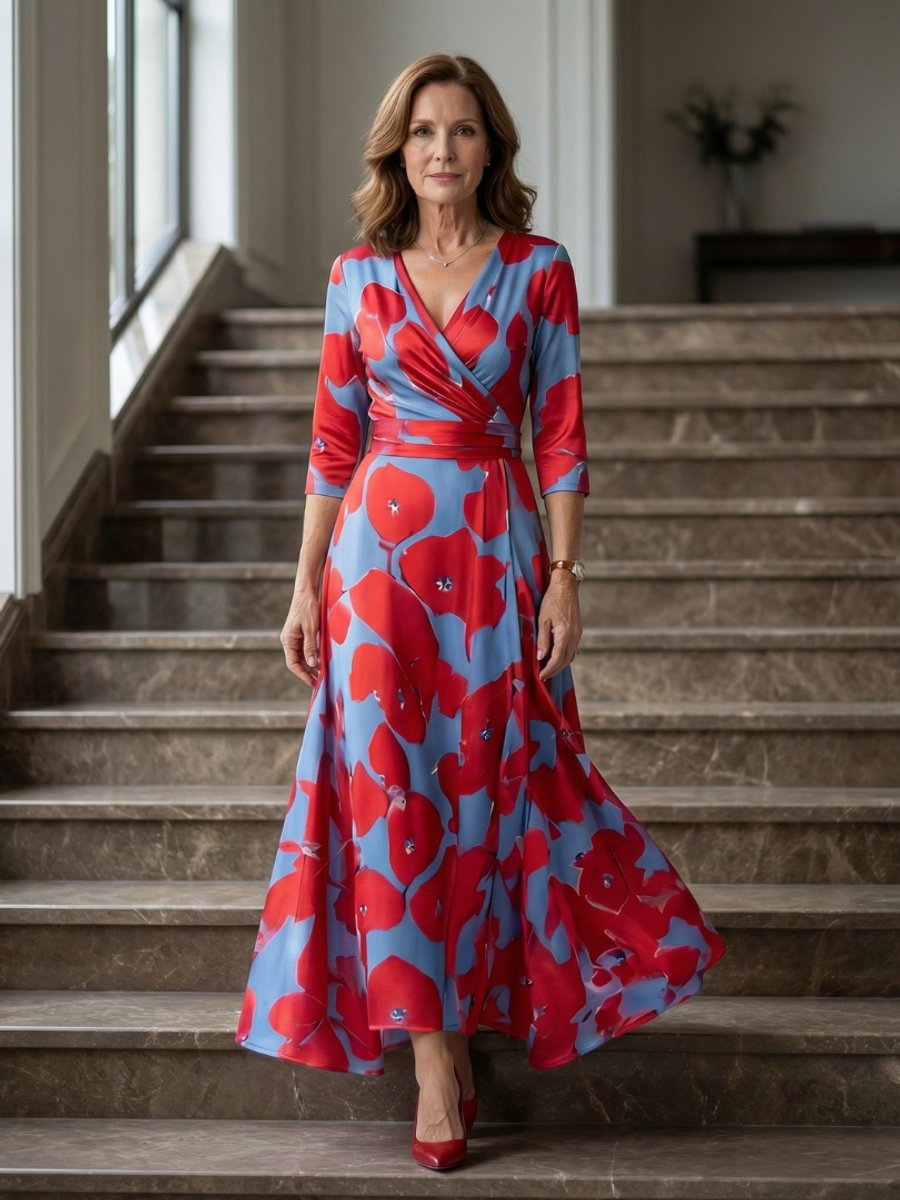 Women's Everyday Party Dress Floral Wrap V-Neck Three-Quarter Sleeve Midi
