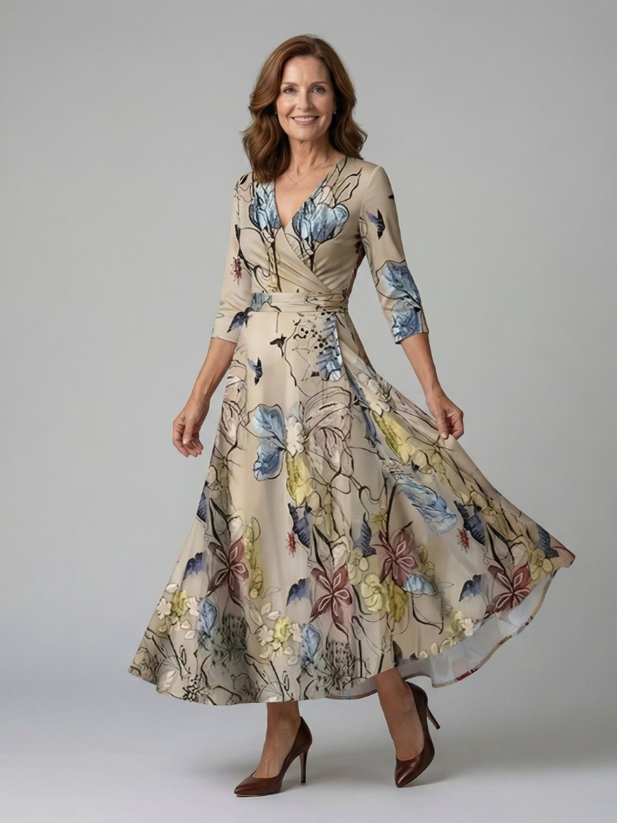 Women's Everyday Party Dress Floral Wrap V-Neck Three-Quarter Sleeve Midi