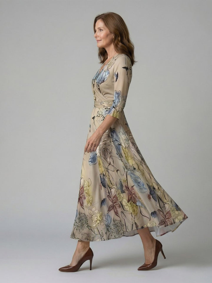 Women's Everyday Party Dress Floral Wrap V-Neck Three-Quarter Sleeve Midi