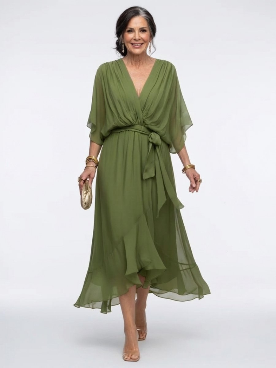 Women's Everyday Party Dress Flowy V-Neck Waist-Tie Chiffon Midi