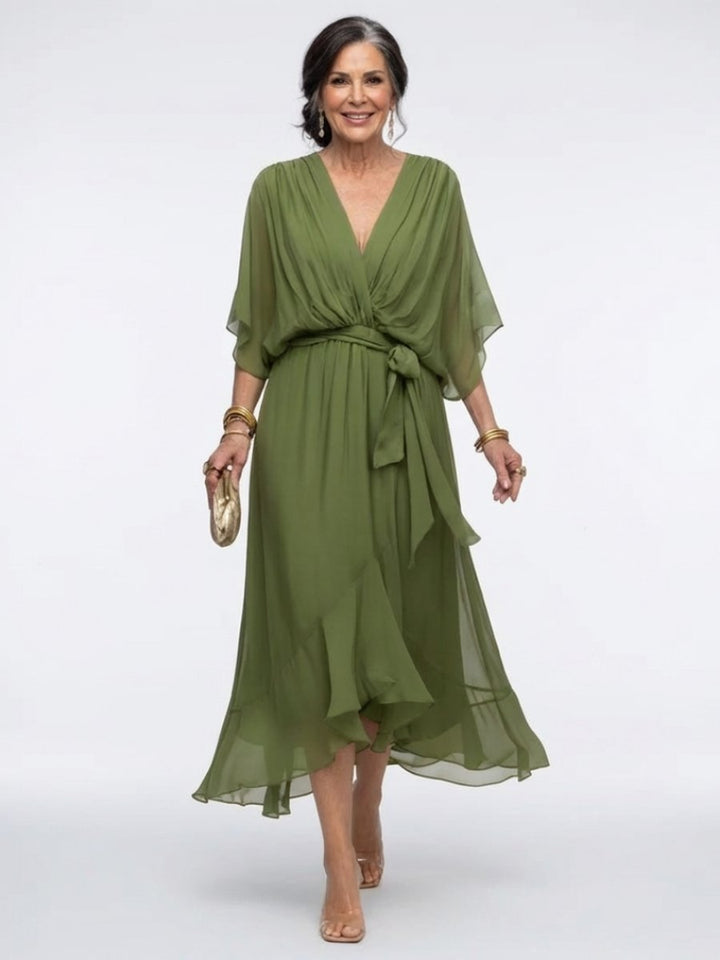 Women's Everyday Party Dress Flowy V-Neck Waist-Tie Chiffon Midi