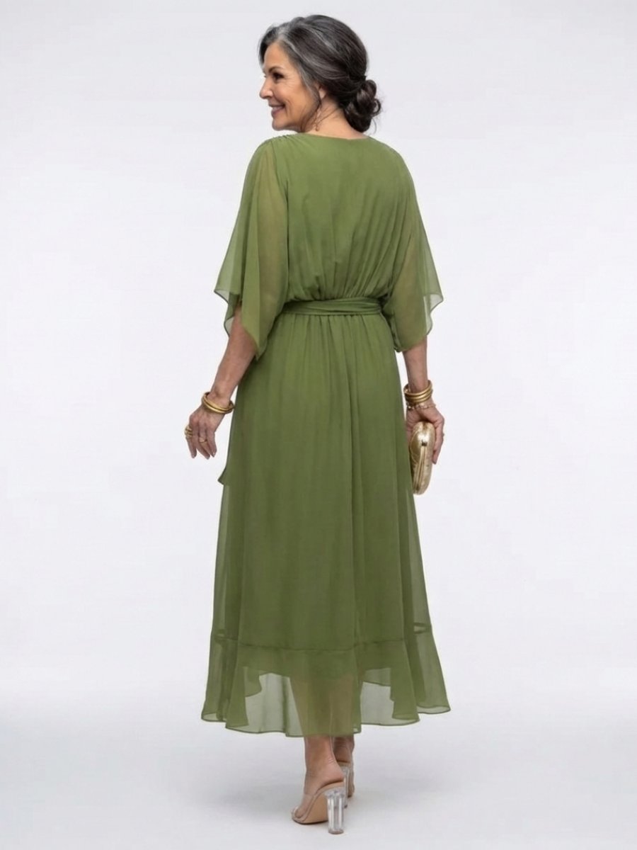 Women's Everyday Party Dress Flowy V-Neck Waist-Tie Chiffon Midi