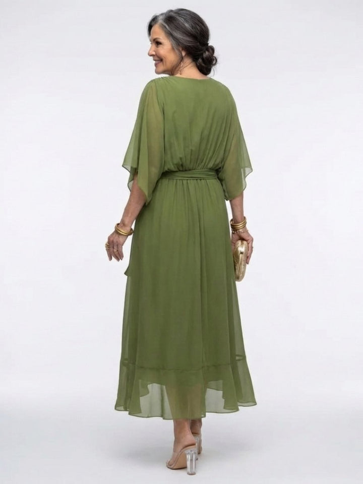 Women's Everyday Party Dress Flowy V-Neck Waist-Tie Chiffon Midi