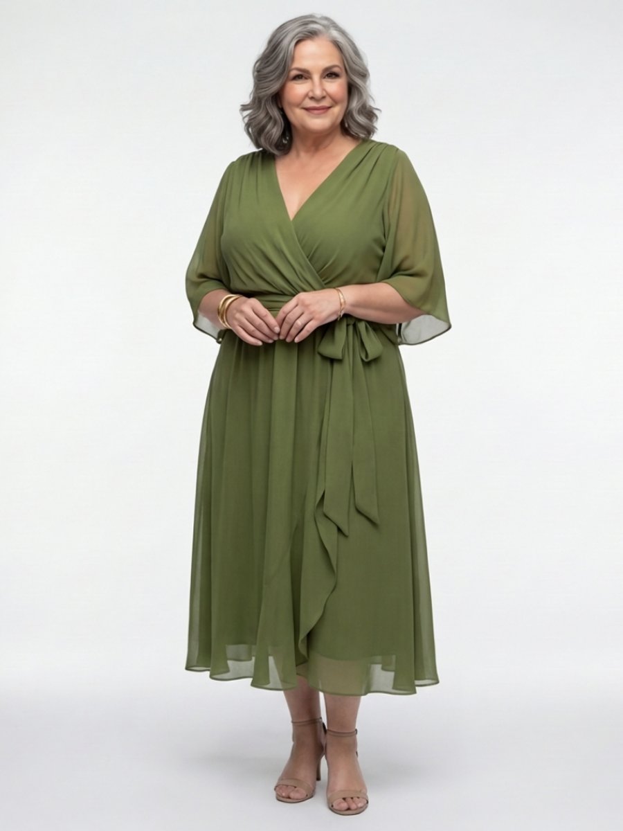 Women's Everyday Party Dress Flowy V-Neck Waist-Tie Chiffon Midi