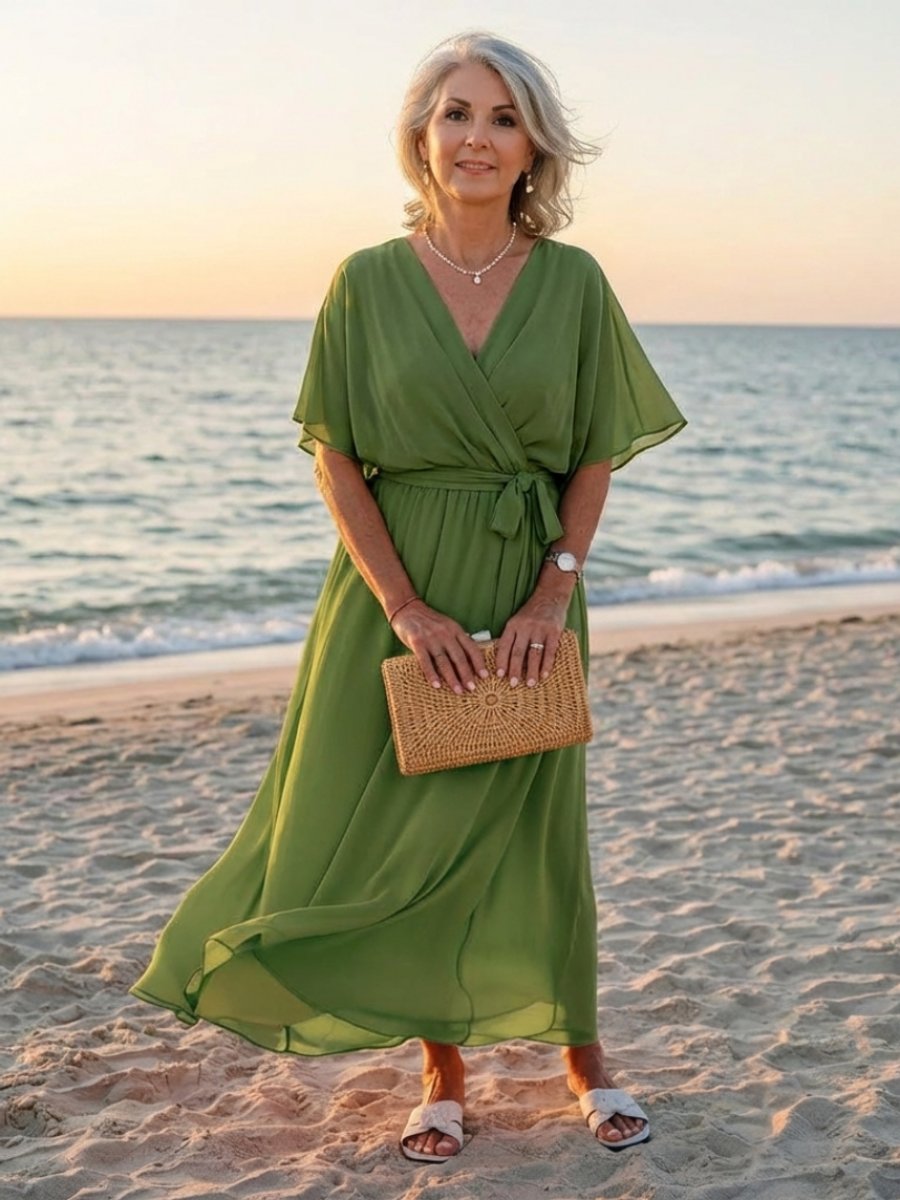 Women's Everyday Party Dress Flowy V-Neck Waist-Tie Chiffon Midi