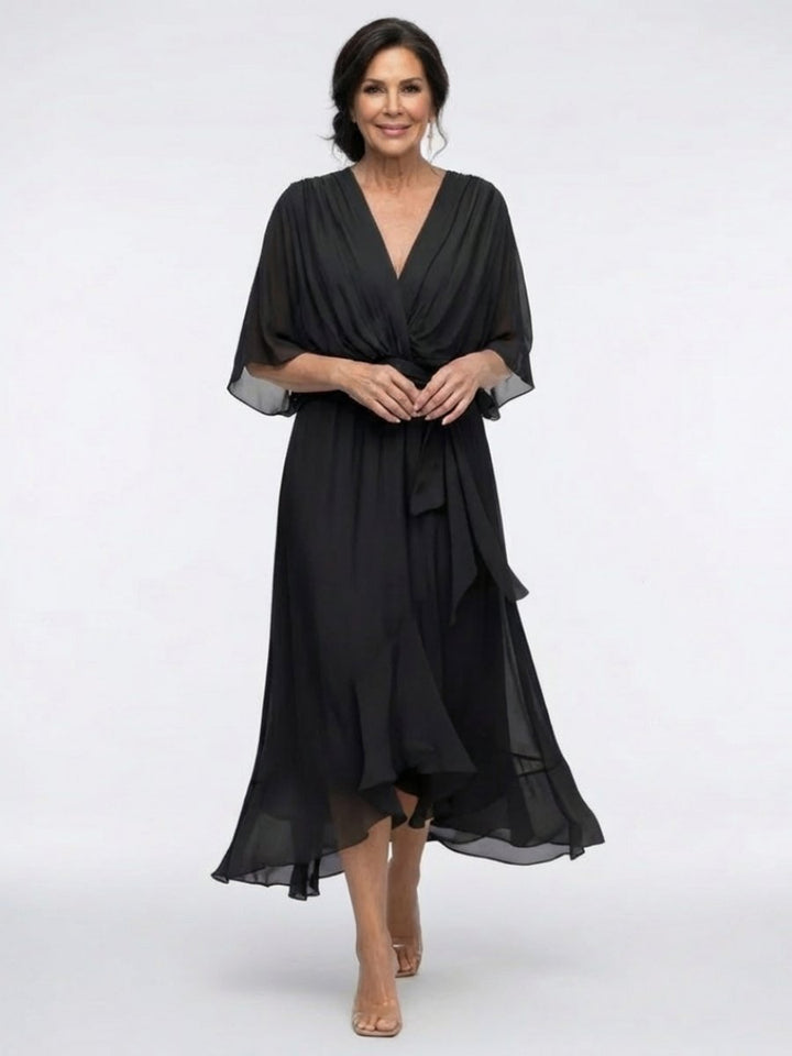 Women's Everyday Party Dress Flowy V-Neck Waist-Tie Chiffon Midi