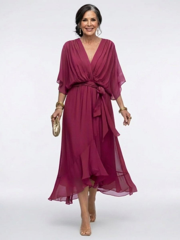 Women's Everyday Party Dress Flowy V-Neck Waist-Tie Chiffon Midi