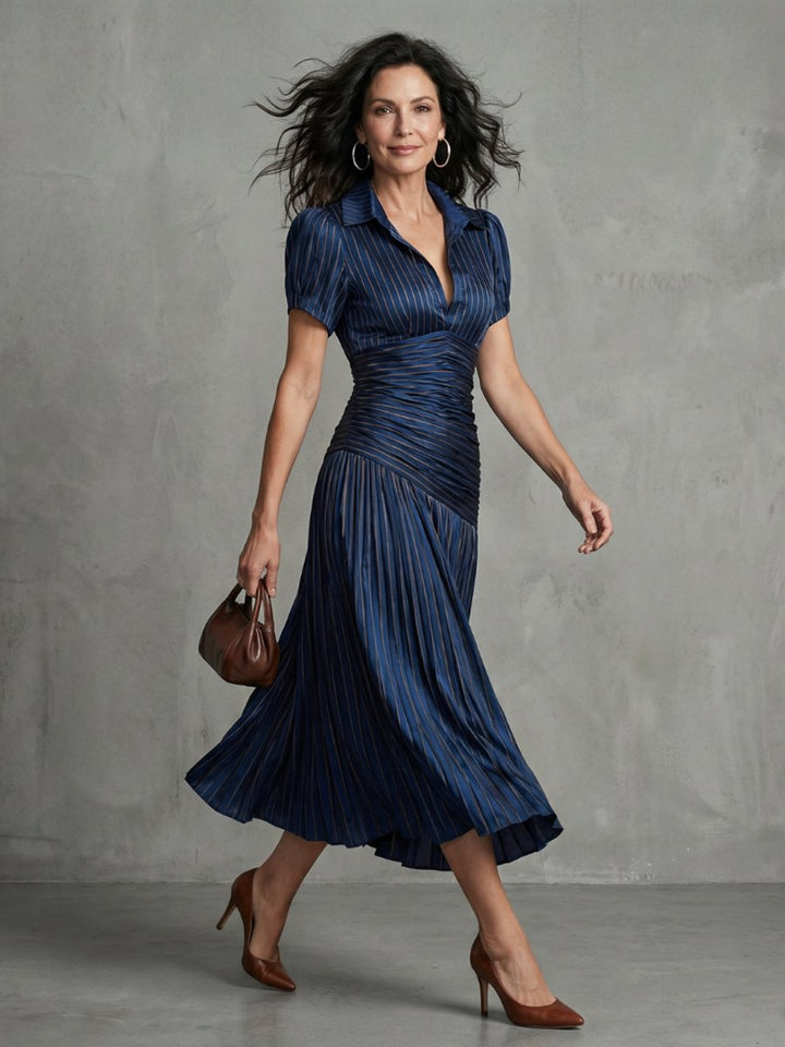 Women's Everyday Party Dress Pleated Stripe Collared Midi