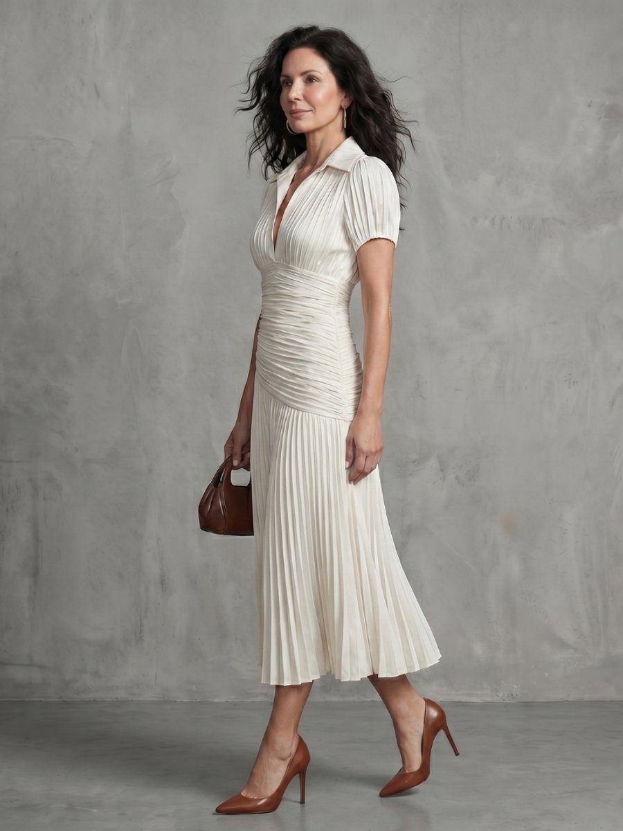 Women's Everyday Party Dress Pleated Stripe Collared Midi