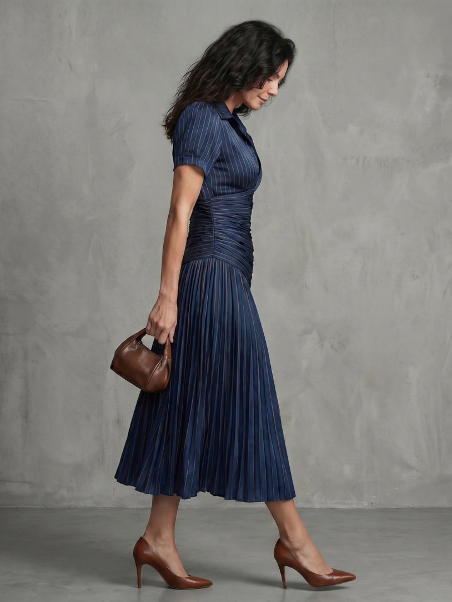 Women's Everyday Party Dress Pleated Stripe Collared Midi