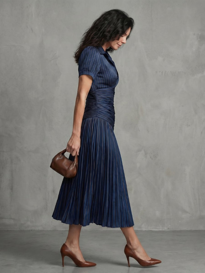 Women's Everyday Party Dress Pleated Stripe Collared Midi