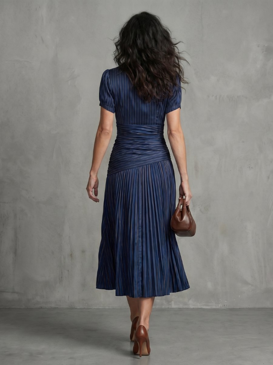 Women's Everyday Party Dress Pleated Stripe Collared Midi