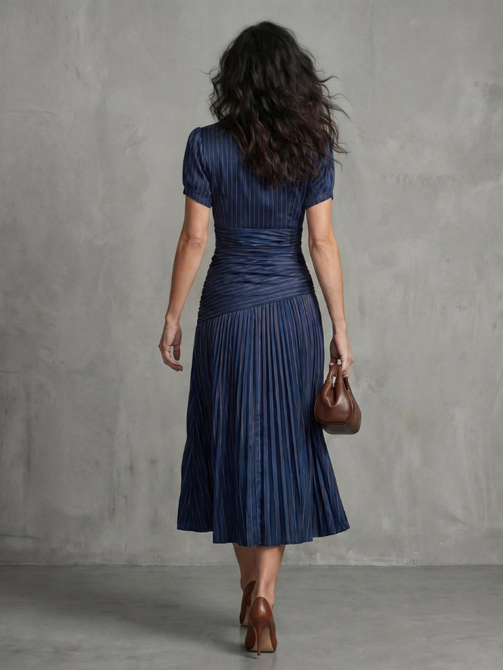 Women's Everyday Party Dress Pleated Stripe Collared Midi