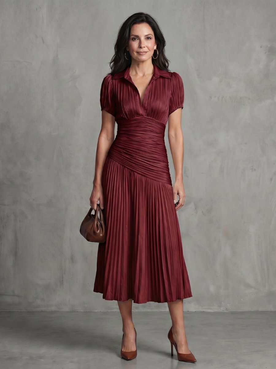 Women's Everyday Party Dress Pleated Stripe Collared Midi