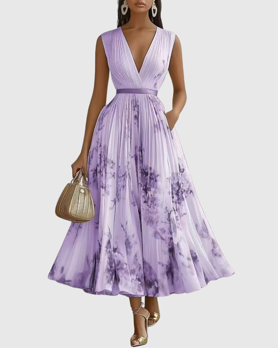 Women's Everyday Party Dress Pleated V-Neck Midi Dress Pockets