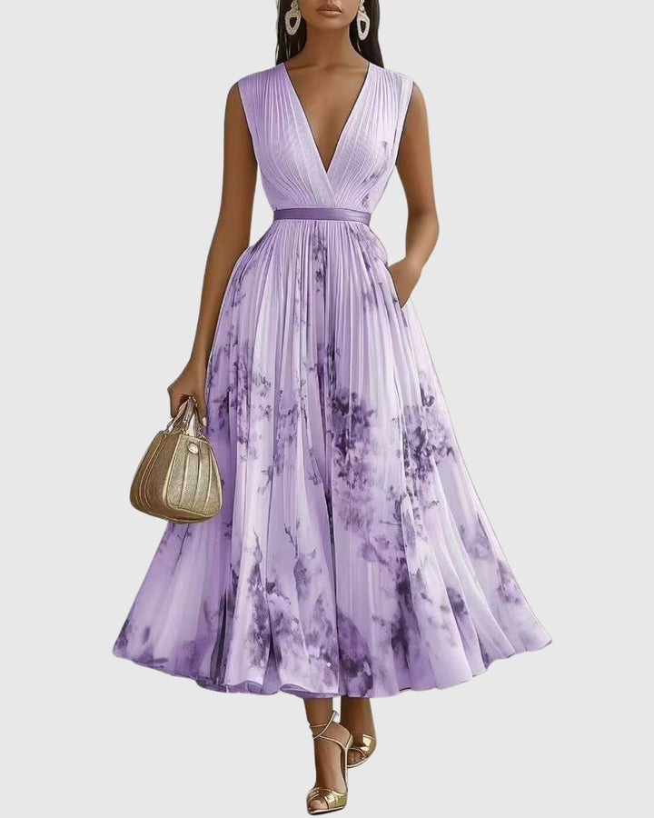 Women's Everyday Party Dress Pleated V-Neck Midi Dress Pockets
