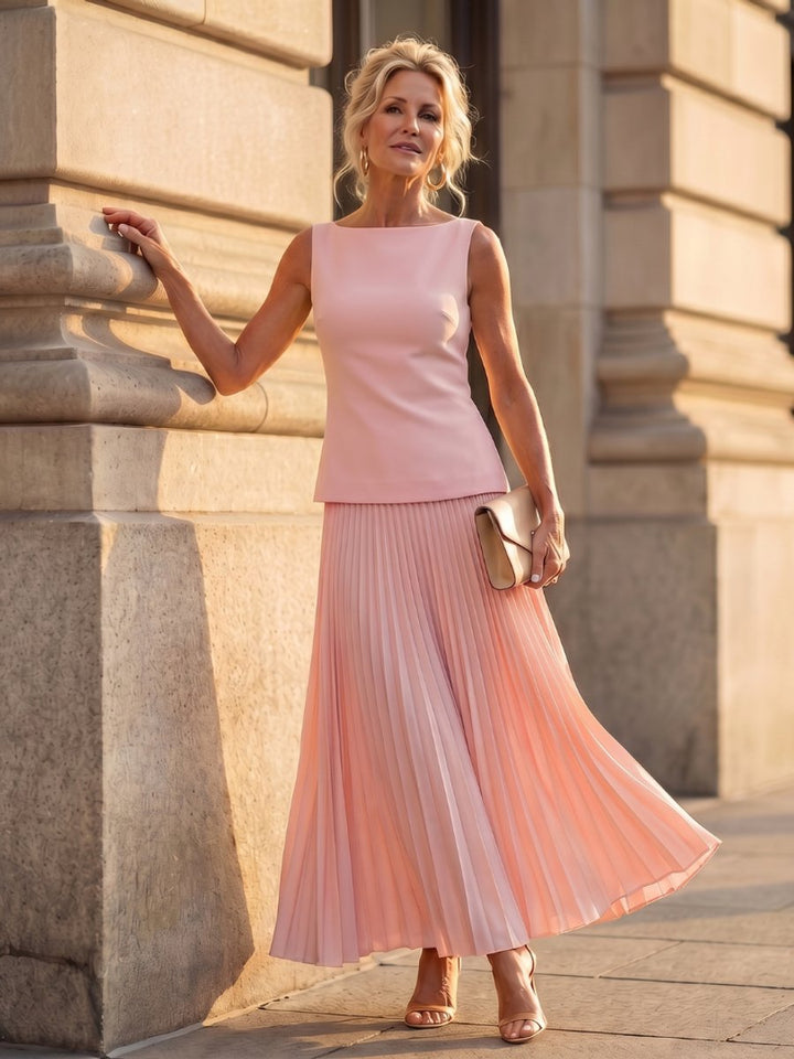 Women's Everyday Party Dress Structured Sleeveless Pleated Skirt Set