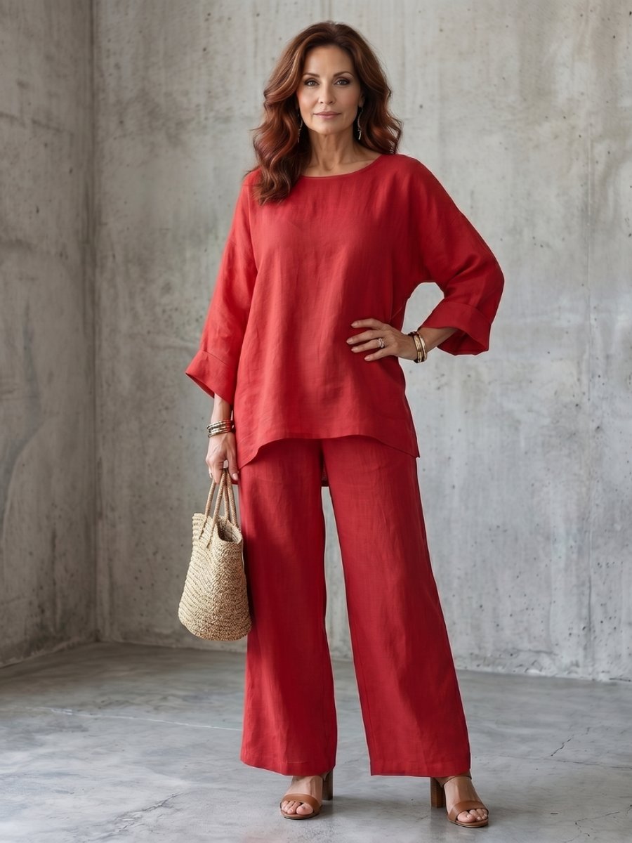 Women's Everyday Relaxed Oversized Linen Tunic Wide-Leg Trouser Set