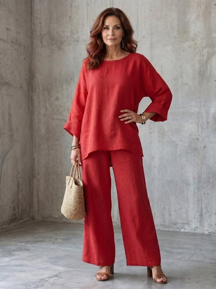 Women's Everyday Relaxed Oversized Linen Tunic Wide-Leg Trouser Set