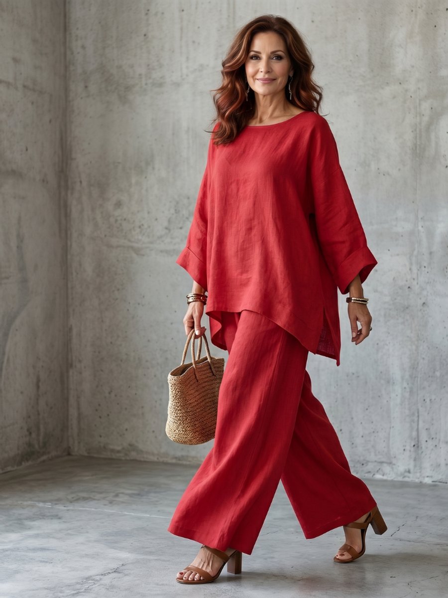 Women's Everyday Relaxed Oversized Linen Tunic Wide-Leg Trouser Set