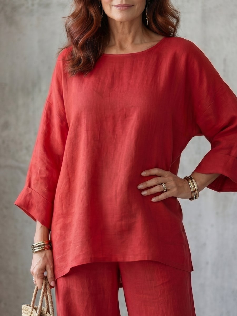 Women's Everyday Relaxed Oversized Linen Tunic Wide-Leg Trouser Set