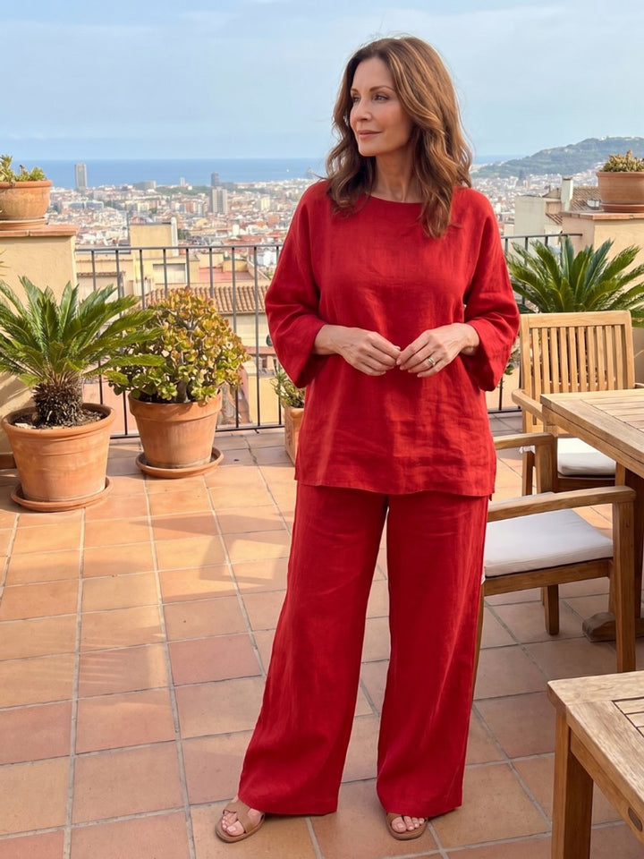 Women's Everyday Relaxed Oversized Linen Tunic Wide-Leg Trouser Set