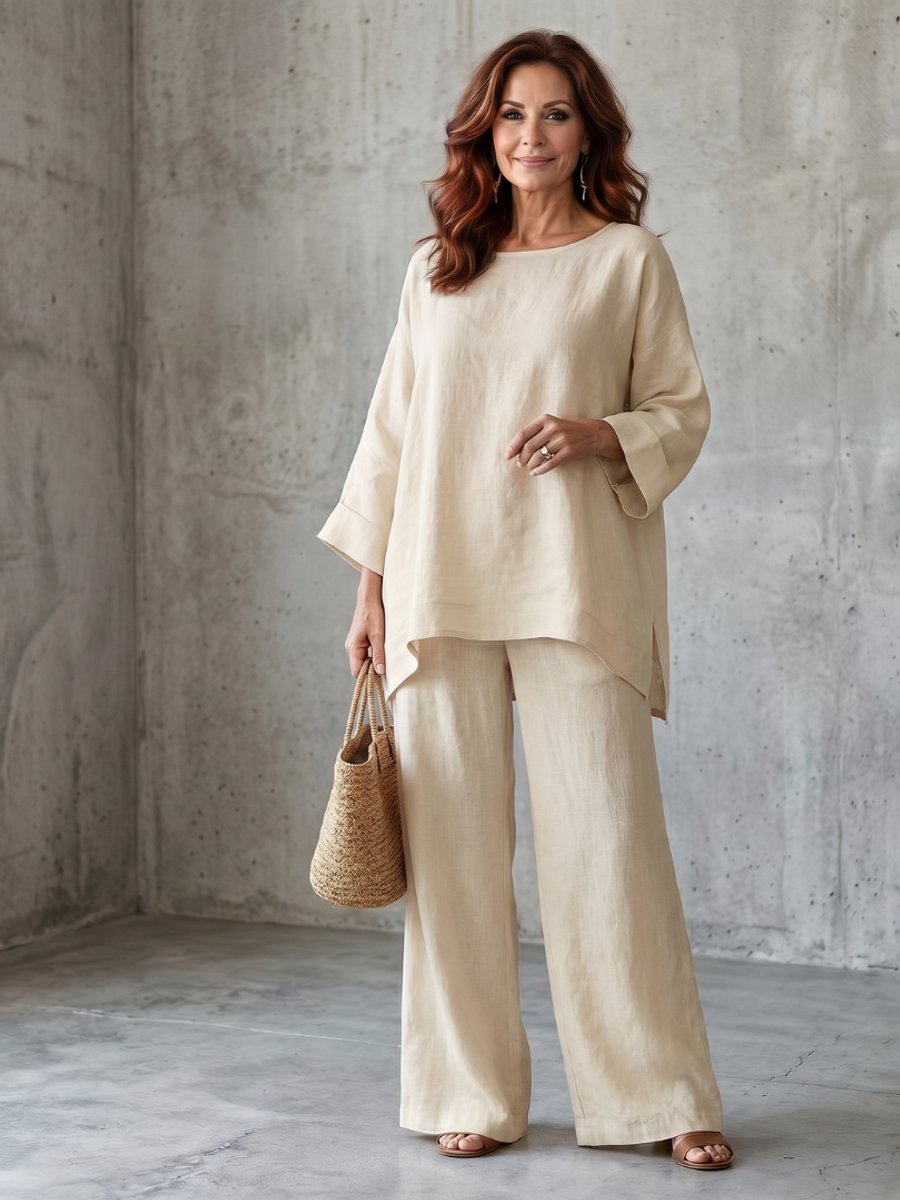 Women's Everyday Relaxed Oversized Linen Tunic Wide-Leg Trouser Set