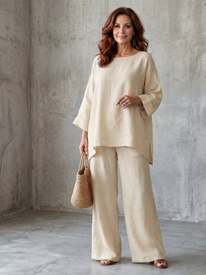 Women's Everyday Relaxed Oversized Linen Tunic Wide-Leg Trouser Set