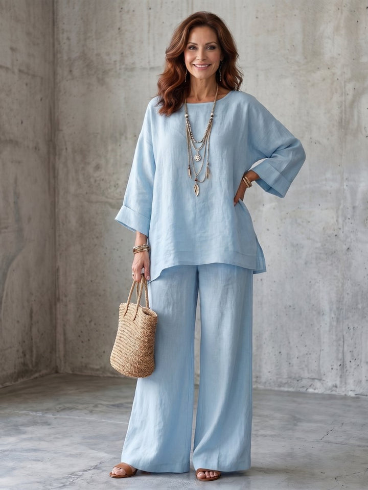 Women's Everyday Relaxed Oversized Linen Tunic Wide-Leg Trouser Set