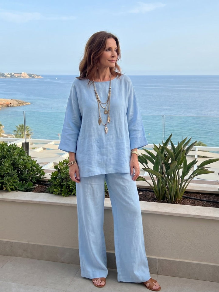 Women's Everyday Relaxed Oversized Linen Tunic Wide-Leg Trouser Set