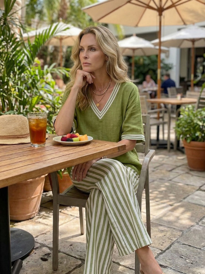 Women's Everyday Relaxed V-Neck Linen Tunic Stripe Trouser Set